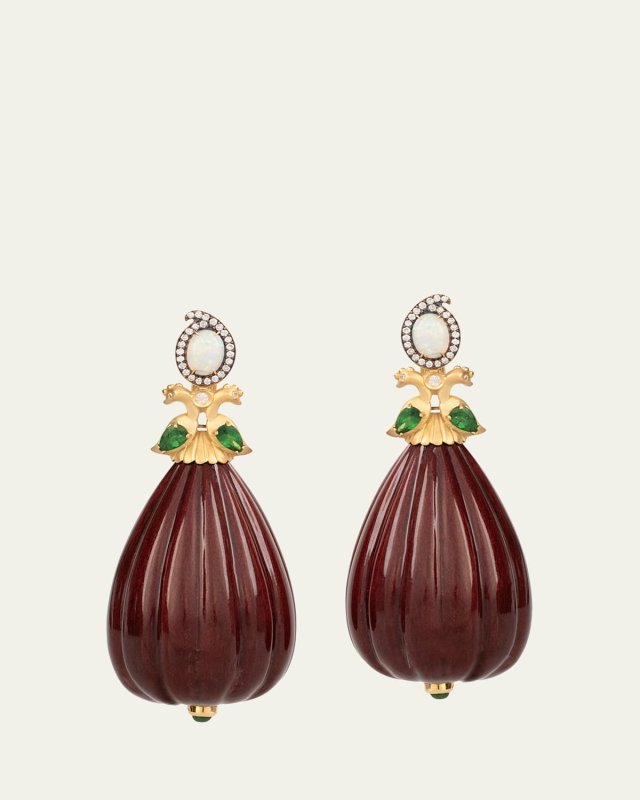 Burgundy Marquetry Earrings with Diamonds, Opal and Tsavorite